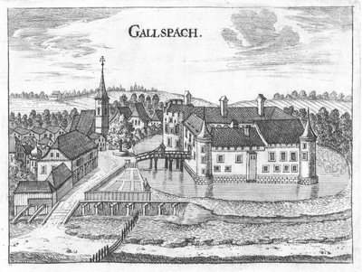 Gravure, uitzicht op kasteel Gallspach, Opper-Oostenrijk door Georg Matthaus Vischer
